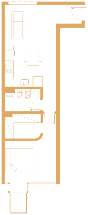 Plano de 2 ambientes de 52 m² en Cúbica